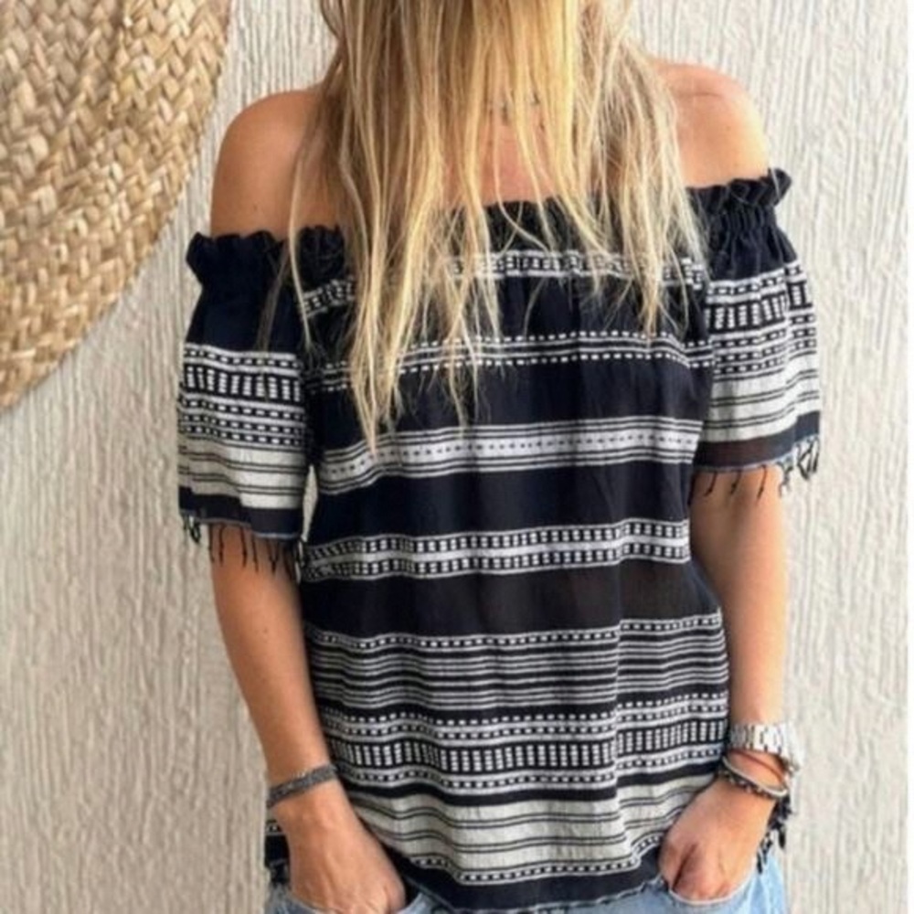 Lemlem Black and White Striped Off-Shoulder Blouse